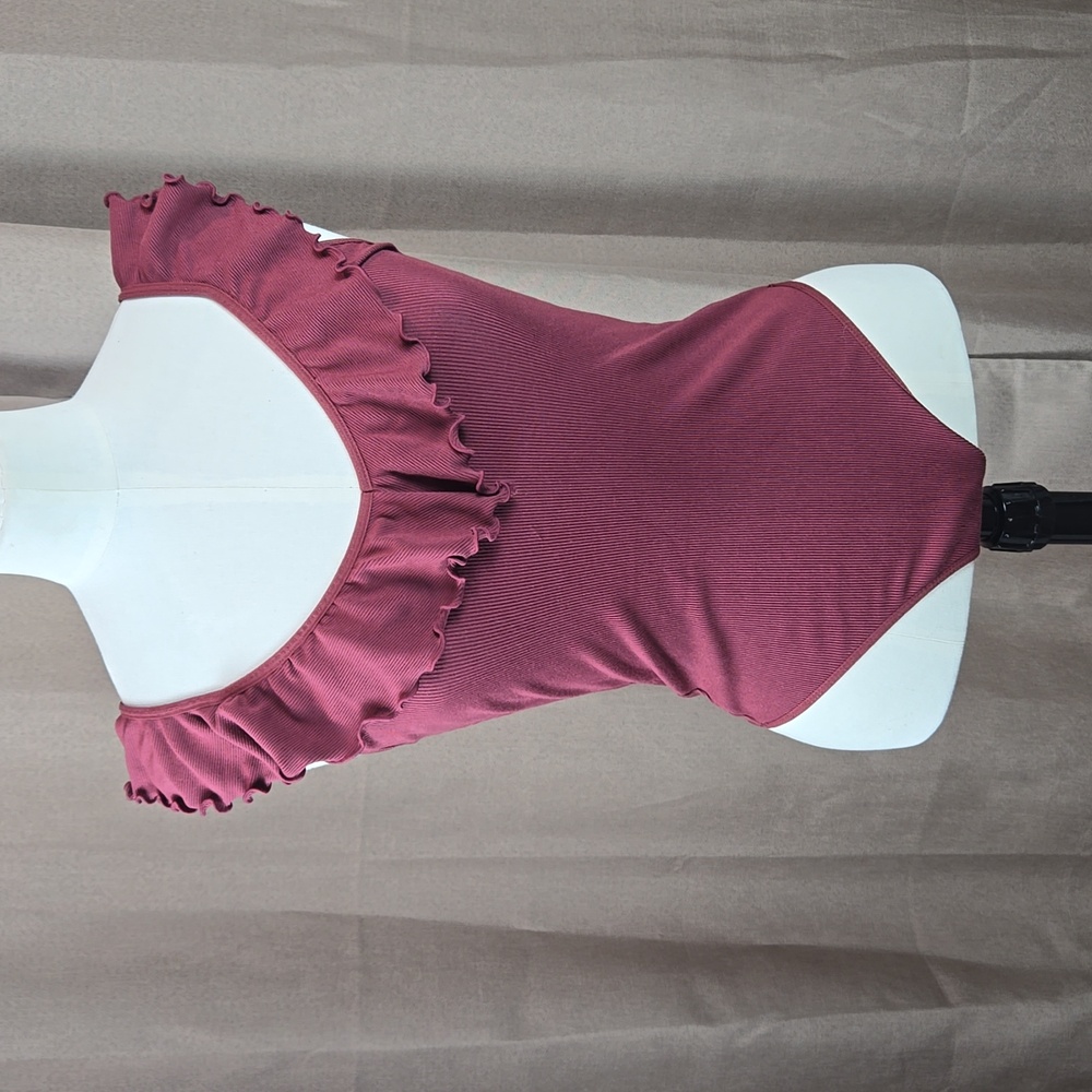 Wilfred burgundy Danette ribbed sleeveless ruffle neck thong bodysuit, size M